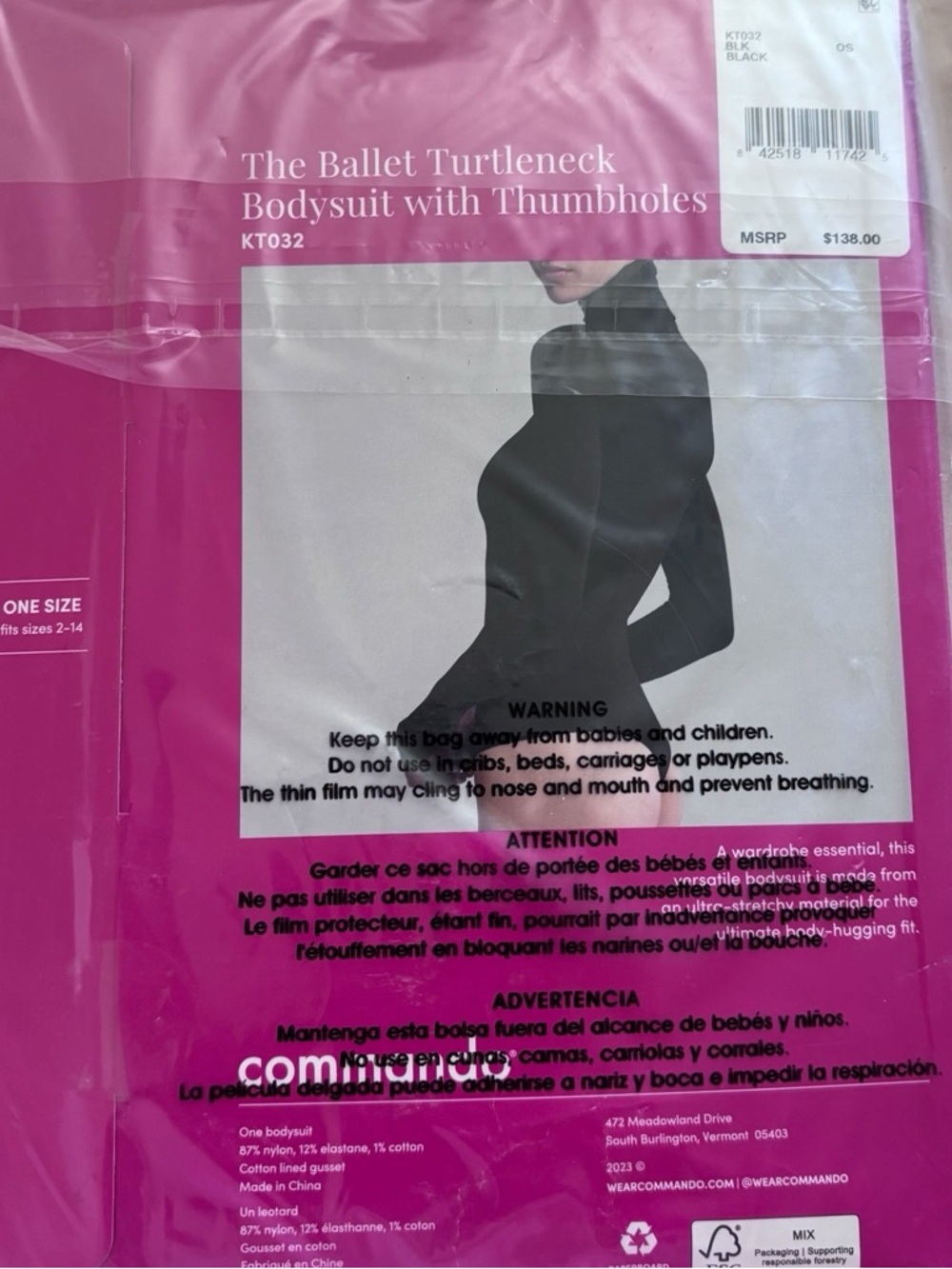 Commando Black The Ballet Turtleneck Long-Sleeve Bodysuit with Thumbholes NEW - Picture 3 of 5